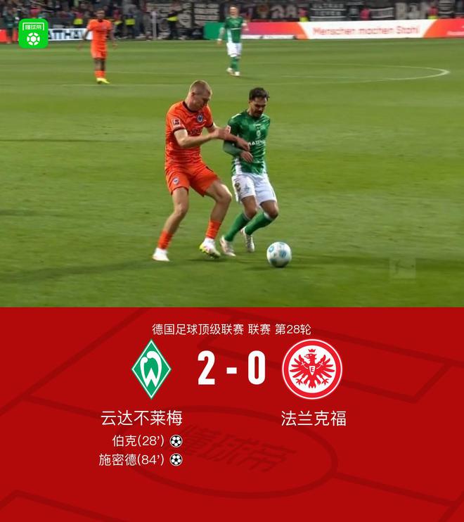 不莱梅胜法兰克福，施密德助攻，伯克进球，2-0